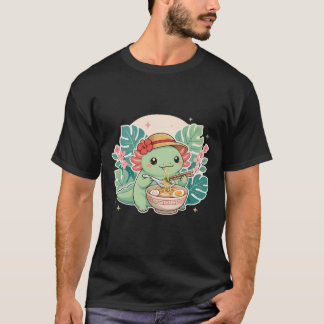 Schattige Kawaii Axolotl Eet Ramen Noedel Donker T-shirt