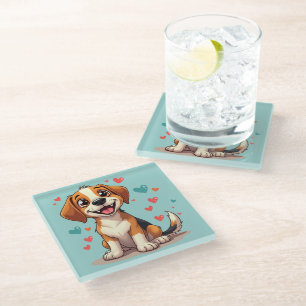 Schattige Kawaii Beagle met Hartjes Speelse Hond Glazen Onderzetter