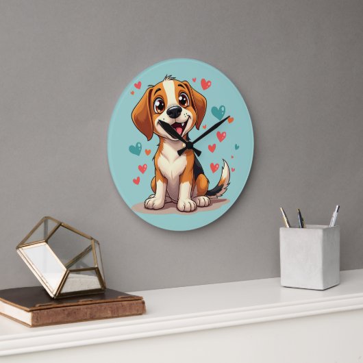 Schattige Kawaii Beagle met Hartjes Speelse Hond Grote Klok (Kantoor)