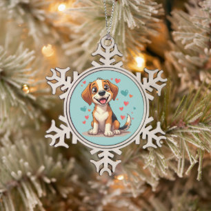 Schattige Kawaii Beagle met Hartjes Speelse Hond Tin Sneeuwvlok Ornament