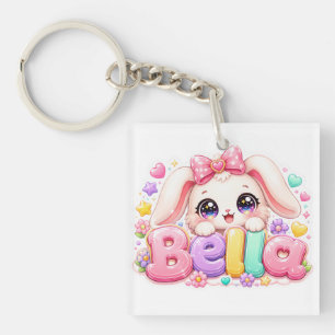 Schattige Kawaii Bella Bunny Naam Pastel Roze Bloe Sleutelhanger