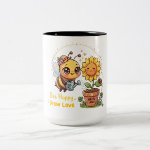 Schattige Kawaii Bij Watergeef Zonnebloem Bij Gelu Tweekleurige Koffiemok