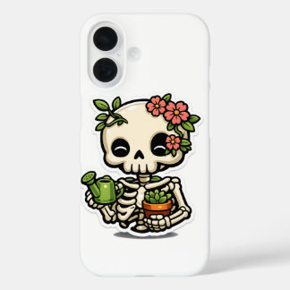 Schattige Kawaii Bloemenskelet Tuinier Sticker iPhone 16 Hoesje