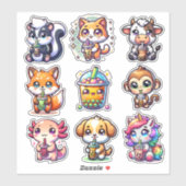 Schattige Kawaii Bobo Bubble Tea en Dieren Sticker (Vel)