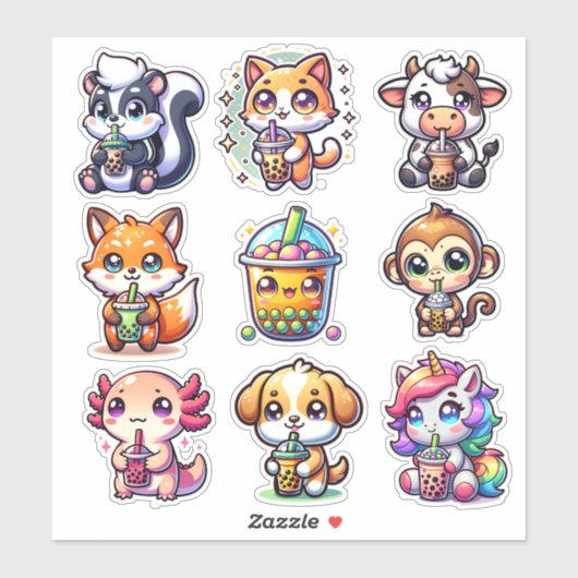 Schattige Kawaii Bobo Bubble Tea en Dieren Sticker (Vel)