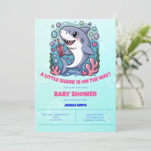 Schattige Kawaii Bubble Tea Shark Baby shower Kaart (Staand voorkant)