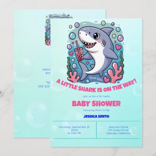 Schattige Kawaii Bubble Tea Shark Baby shower Kaart (Voorkant / Achterkant)