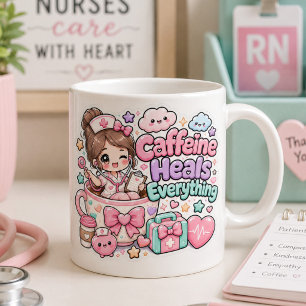 Schattige Kawaii Cafeïne Geneest Alles Verpleegste Grote Koffiekop