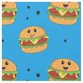 Schattige Kawaii Cheeseburger Patroon op Blauw Stof