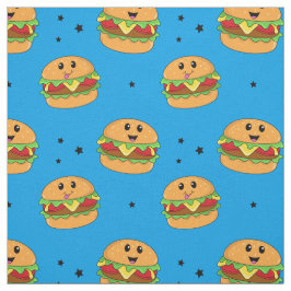 Schattige Kawaii Cheeseburger Patroon op Blauw Stof