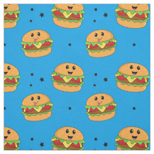 Schattige Kawaii Cheeseburger Patroon op Blauw Stof