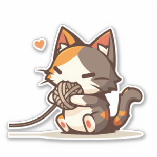 Schattige Kawaii Chibi Calico Kat Spelen met Garen Sticker