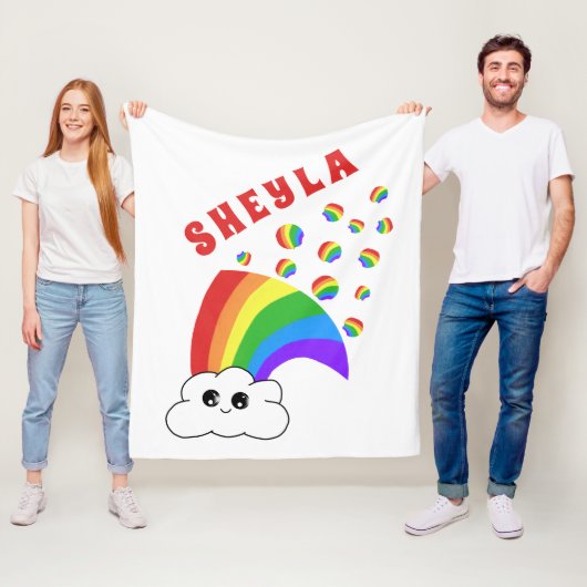 Schattige Kawaii Cloud Rainbow Kind`s Naam Fleece Deken (In situ)