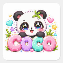Schattige Kawaii Coco Panda Naam Pastel Roze Glitt Vierkante Sticker