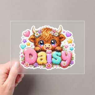 Schattige Kawaii Daisy Highland Koe Naam Pastel Ro Acryl Uitnodigingen