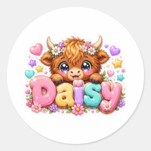Schattige Kawaii Daisy Highland Koe Naam Pastel Ro Ronde Sticker