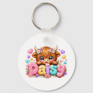 Schattige Kawaii Daisy Highland Koe Naam Pastel Ro Sleutelhanger