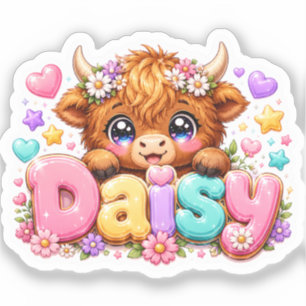 Schattige Kawaii Daisy Highland Koe Naam Pastel Ro Sticker
