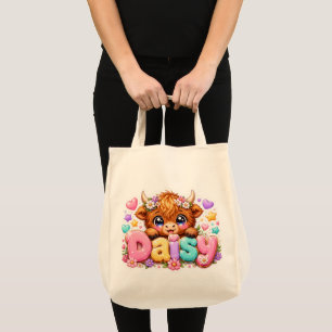 Schattige Kawaii Daisy Highland Koe Naam Pastel Ro Tote Bag