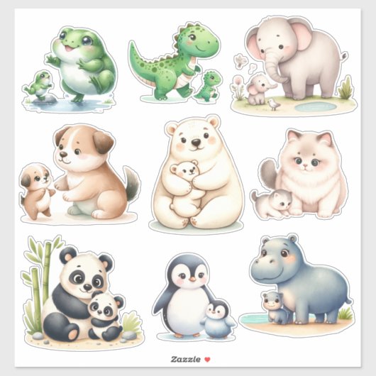 Schattige Kawaii Dieren: Baby en Moeder Stickers (Vel)