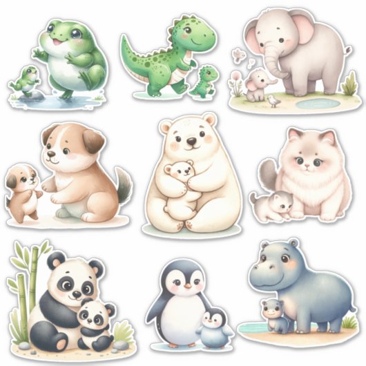 Schattige Kawaii Dieren: Baby en Moeder Stickers (Voorkant)