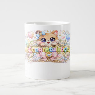 Schattige Kawaii Felicitaties Kat Pastel Roze Bloe Grote Koffiekop