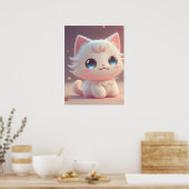 Schattige Kawaii Fluffy Witte Kat Poster (Keuken)