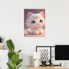 Schattige Kawaii Fluffy Witte Kat Poster