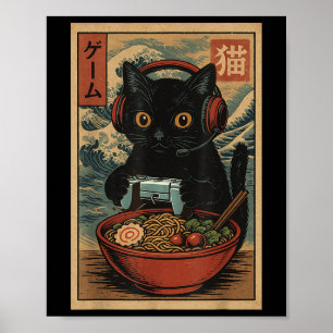 Schattige Kawaii Gamer Kat Grappige Ramen Retro Ja Poster