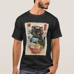 Schattige Kawaii Gamer Kat Ramen Grappige Japanse T-shirt
