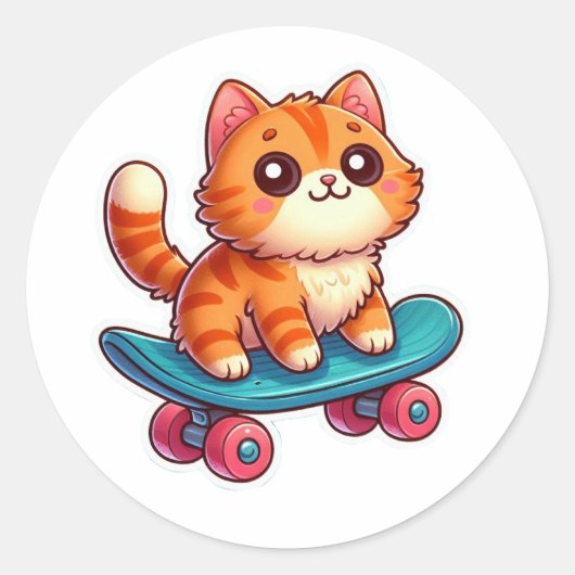 Schattige Kawaii Gember Kat op Skateboard Sticker (Voorkant)
