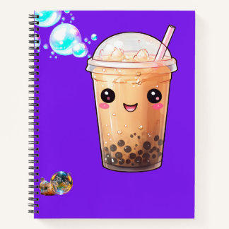 Schattige Kawaii Glimlachende Boba Thee op Paars Notitieboek