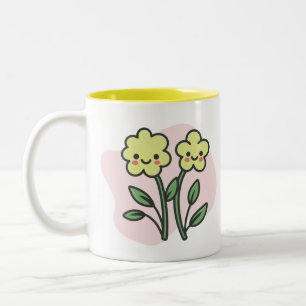 Schattige Kawaii Glimlachende Gele Bloemen Pastel Tweekleurige Koffiemok