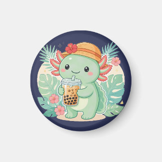 Schattige Kawaii Groene Axolotl Drinkende Boba The Magneet