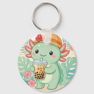 Schattige Kawaii Groene Axolotl Drinkende Boba The Sleutelhanger