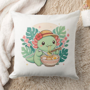 Schattige Kawaii Groene Axolotl Eet Ramen Noodle Kussen