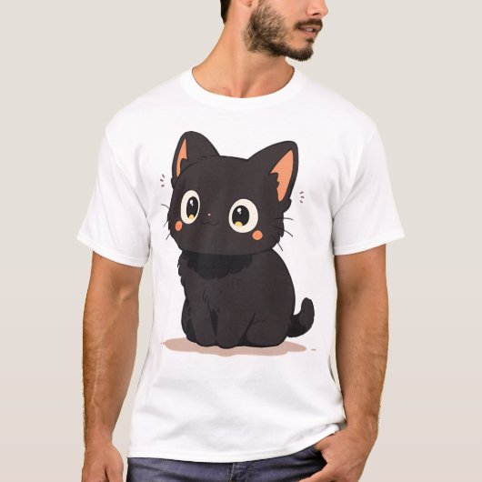 Schattige Kawaii Happy Black Anime Cat Glimlachend T-shirt (Voorkant)