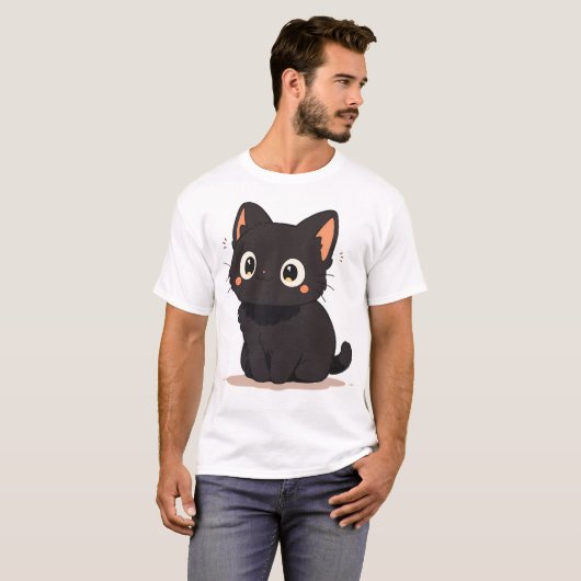 Schattige Kawaii Happy Black Anime Cat Glimlachend T-shirt (Voorkant volledig)