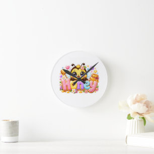 Schattige Kawaii Honingbij Naam Pastel Roze Glanze Ronde Klok