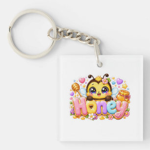Schattige Kawaii Honingbij Naam Pastel Roze Glanze Sleutelhanger