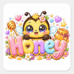 Schattige Kawaii Honingbij Naam Pastel Roze Glanze Vierkante Sticker