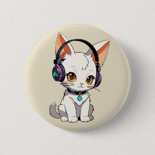 Schattige Kawaii Kat met Hoofdtelefoon Ronde Button 5,7 Cm