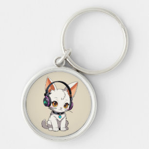 Schattige Kawaii Kat met Hoofdtelefoon Sleutelhanger