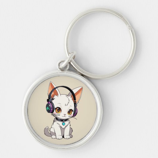 Schattige Kawaii Kat met Hoofdtelefoon Sleutelhanger (Voorkant)