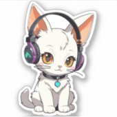Schattige Kawaii Kat met Hoofdtelefoon Sticker (Voorkant)