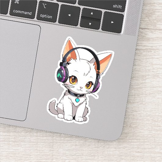 Schattige Kawaii Kat met Hoofdtelefoon Sticker (Detail)