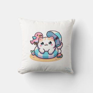 schattige kawaii kat op strand Kussenhoes Kussen