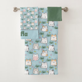 Schattige kawaii kat patroon groen blauw naam bad handdoek