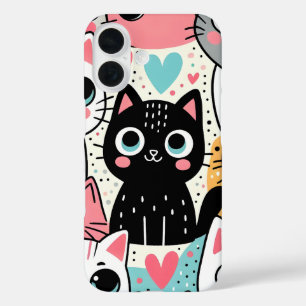 Schattige Kawaii Kattengezichtjes en Hartjes Whims iPhone 16 Hoesje
