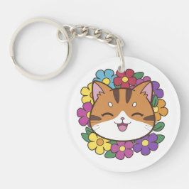 Schattige Kawaii Kattenhoofden Glimlachen Met Bloe Sleutelhanger
